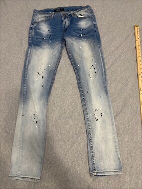Men's Skinny Blue Washed Paint-Splatter Jeans